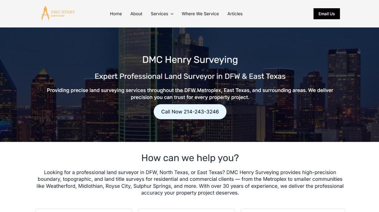 Homepage-of-DMC-Henry-Surveying-a-land-surveyor-website-serving-DFW-and-East-Texas