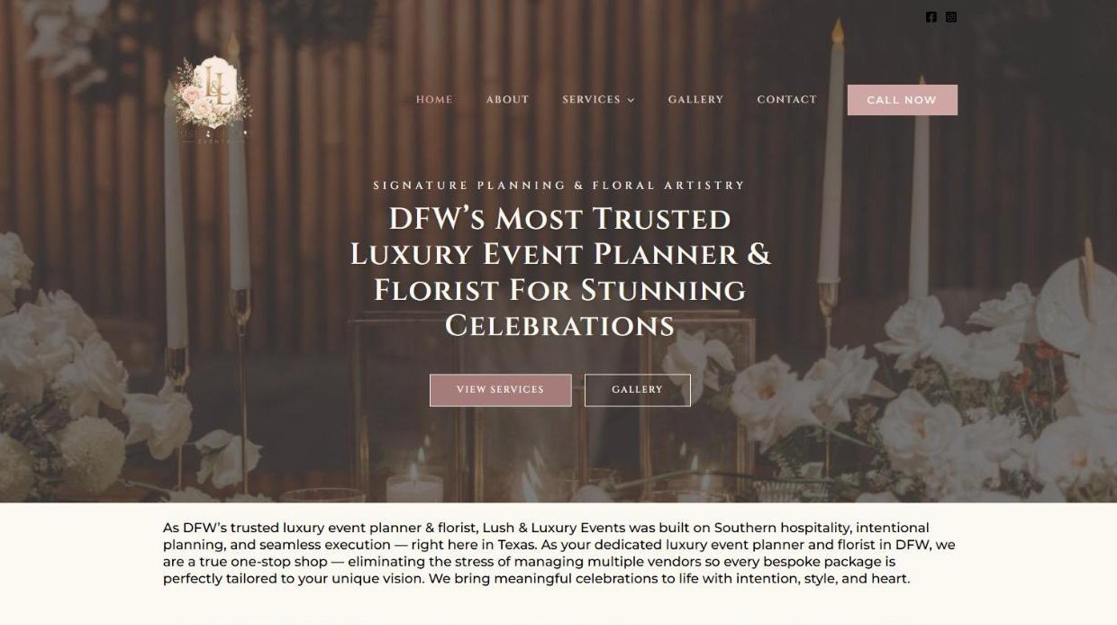 Homepage-of-Lush-&-Luxury-Events-a-DFW-wedding-planner-and-florist-website-from-our-web-design-portfolio-Dallas